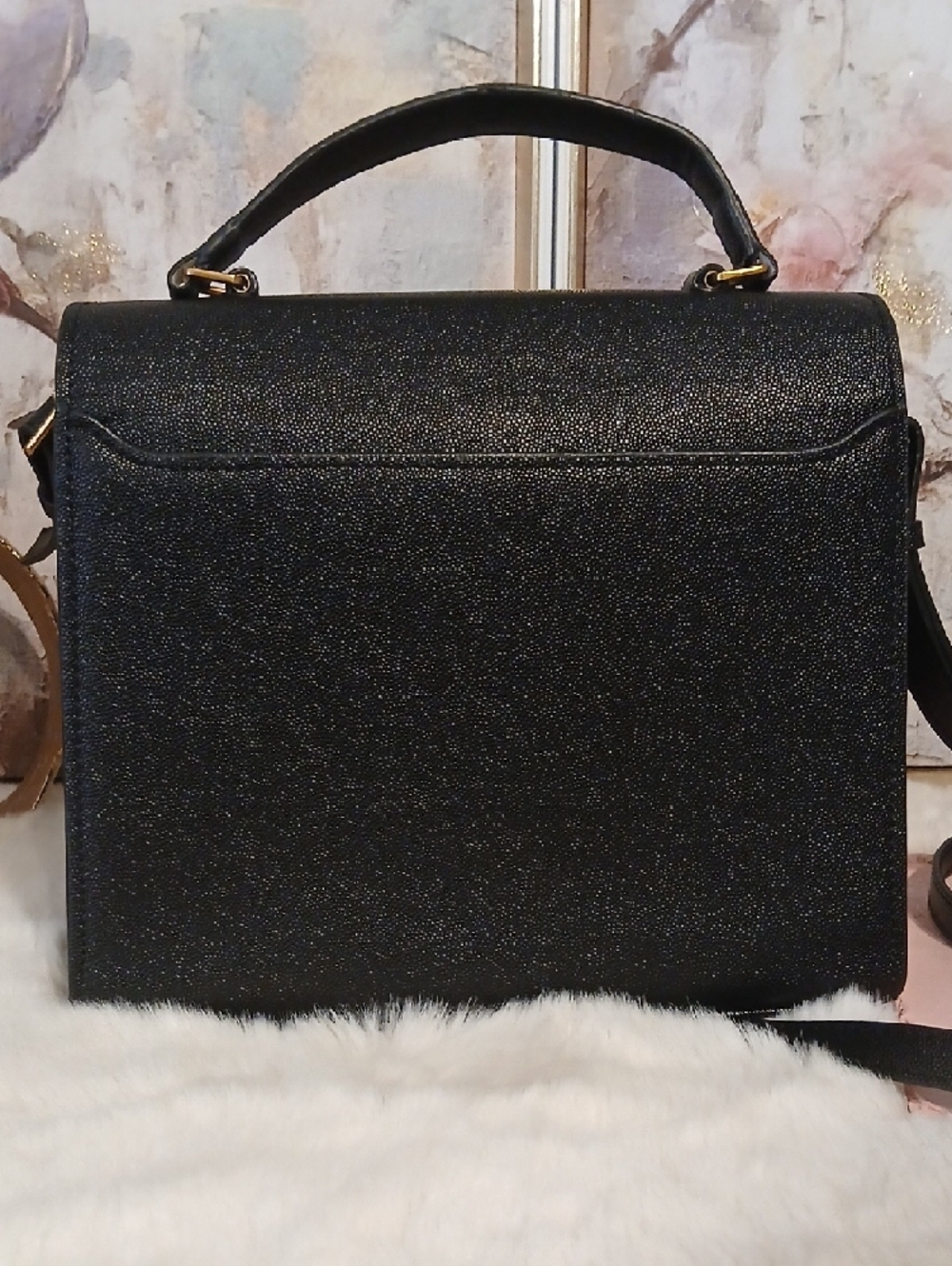Saint Laurent Black Top-Handle Satchel with Gold YSL Monogram Lock - Picture 11 of 12